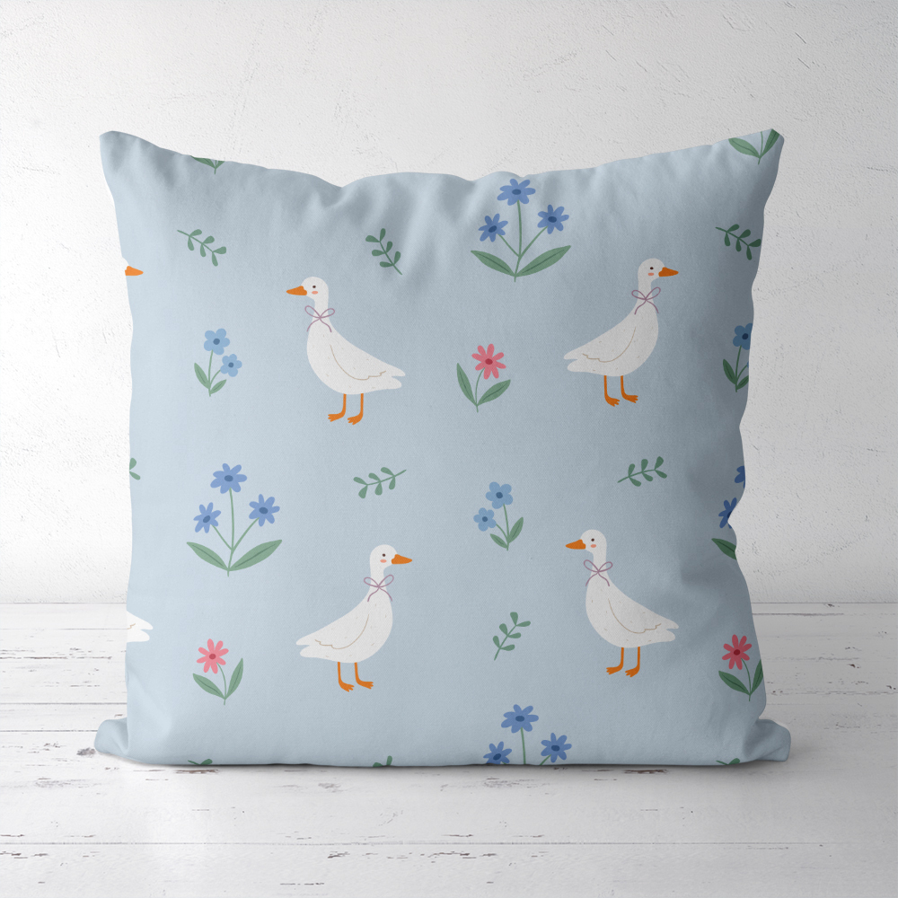Throw Pillow – Cartoon Ducks And Colorful Flowers