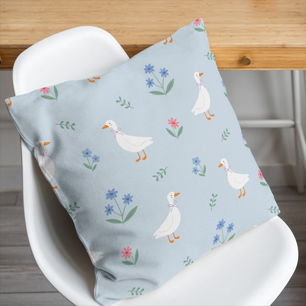 Throw Pillow – Cartoon Ducks And Colorful Flowers
