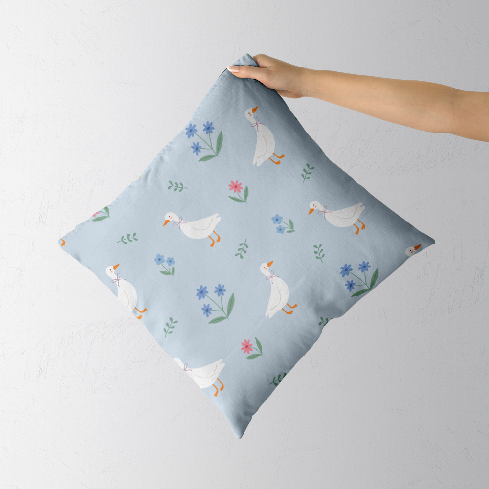 Throw Pillow – Cartoon Ducks And Colorful Flowers