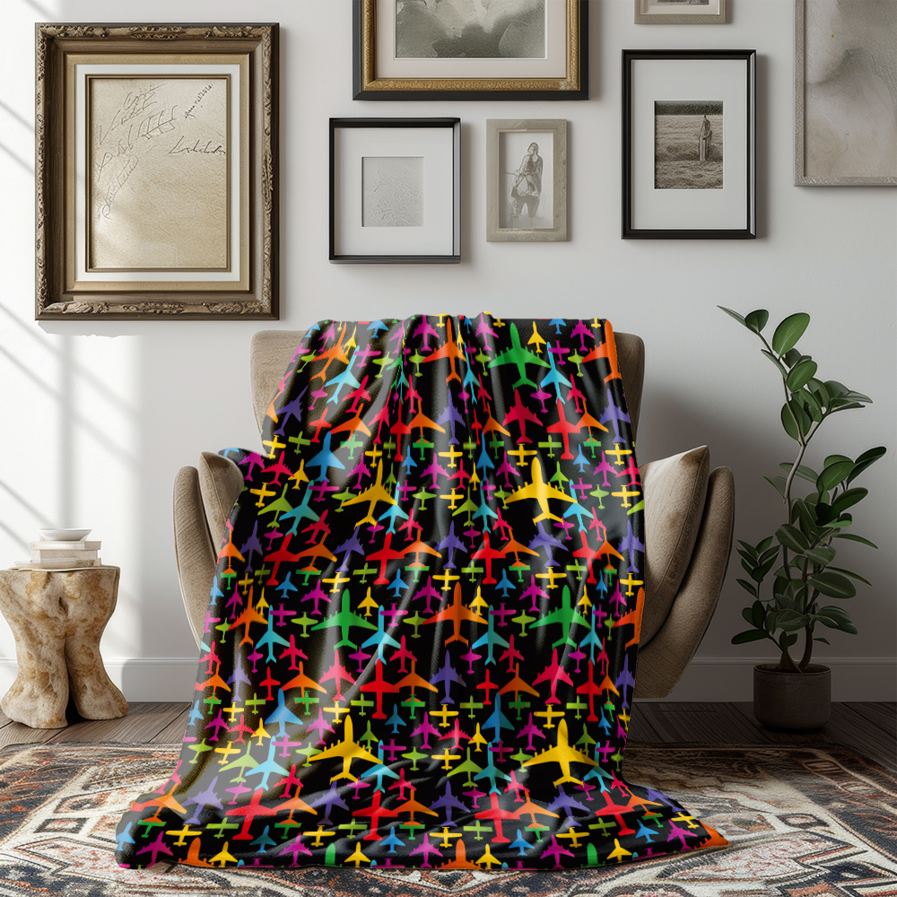 Throw Blanket – Colorful Airplane Aviation Pattern