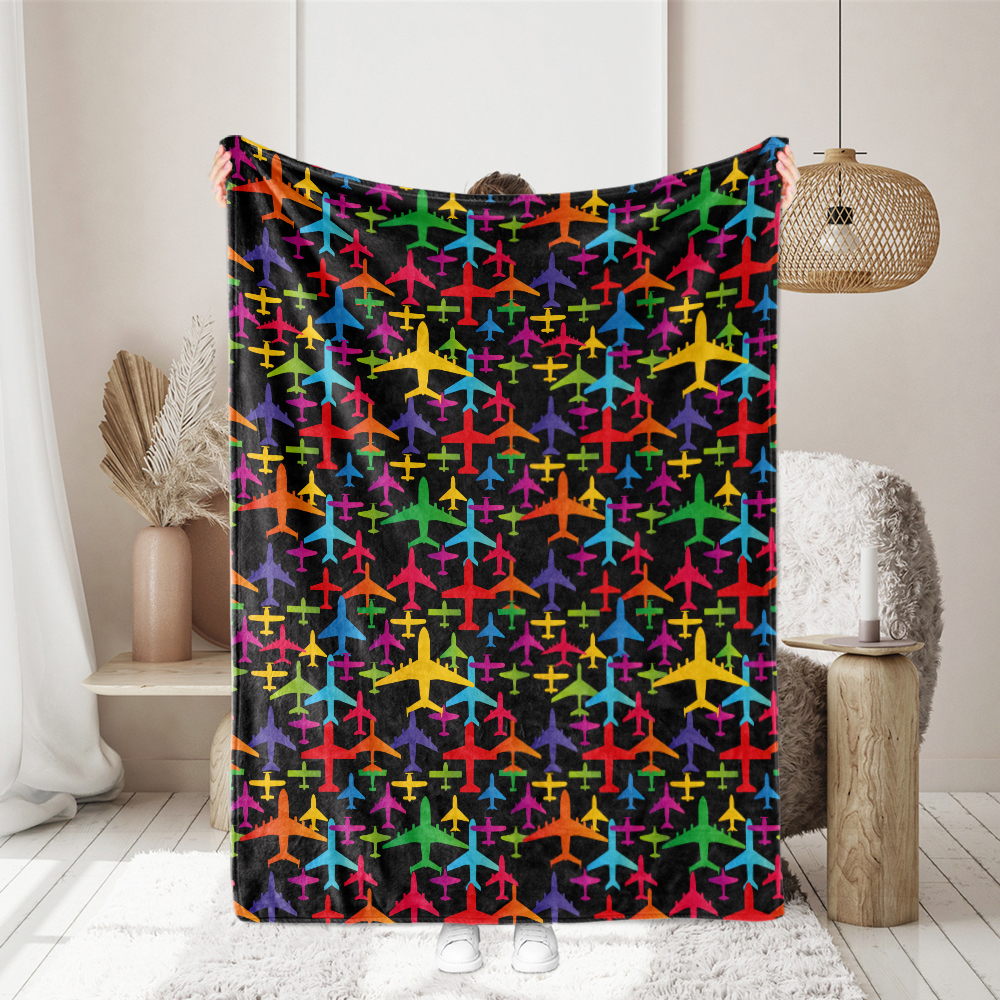 Throw Blanket – Colorful Airplane Aviation Pattern