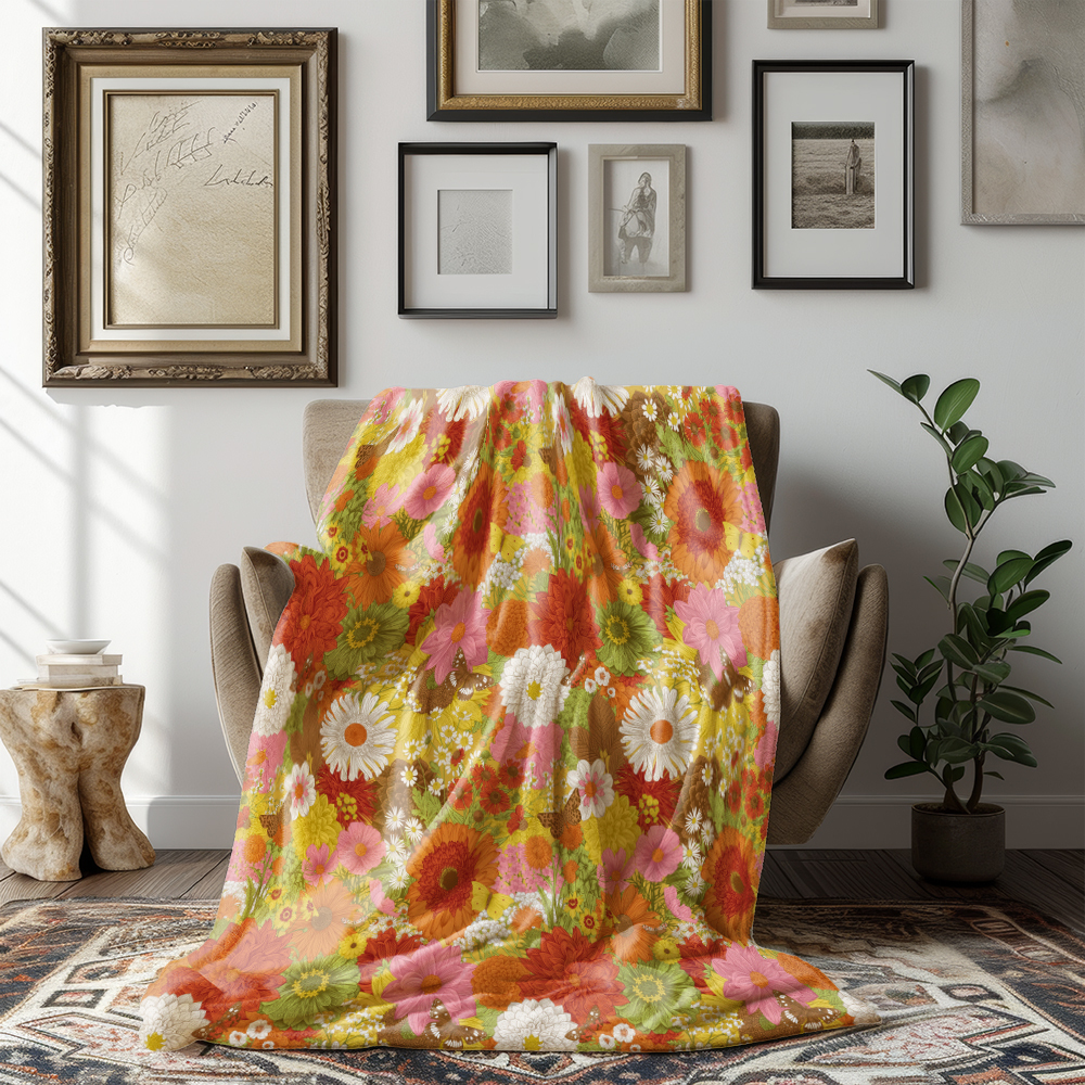 Throw Blanket – Retro Autumn Flowers & Butterflies Pattern