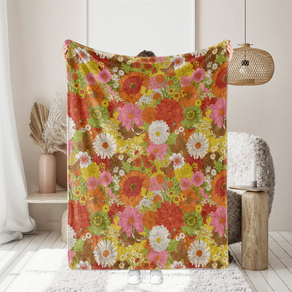 Throw Blanket – Retro Autumn Flowers & Butterflies Pattern