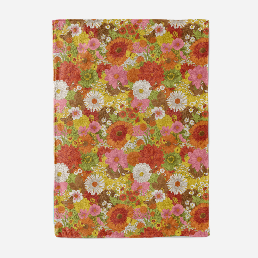 Throw Blanket – Retro Autumn Flowers & Butterflies Pattern