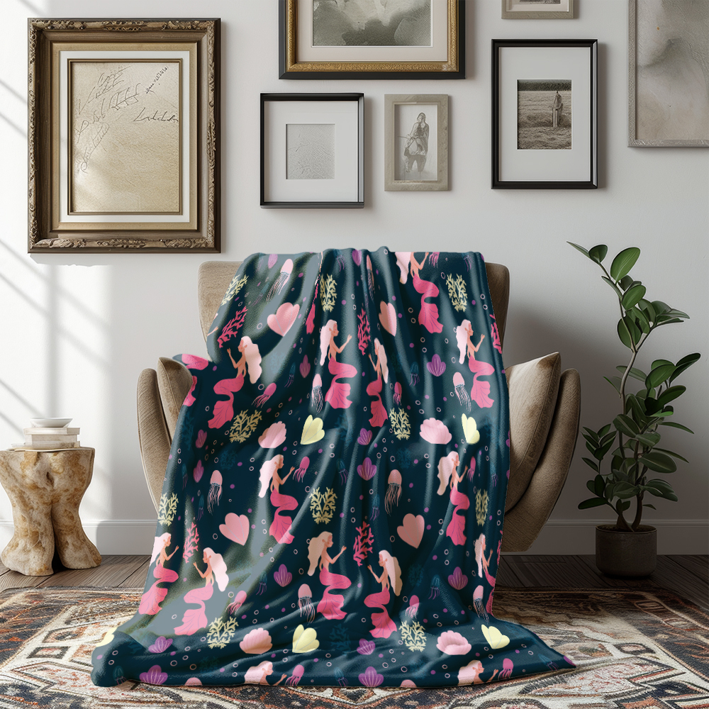 Throw Blanket – Underwater Cute Mermaid With Colorful Hair