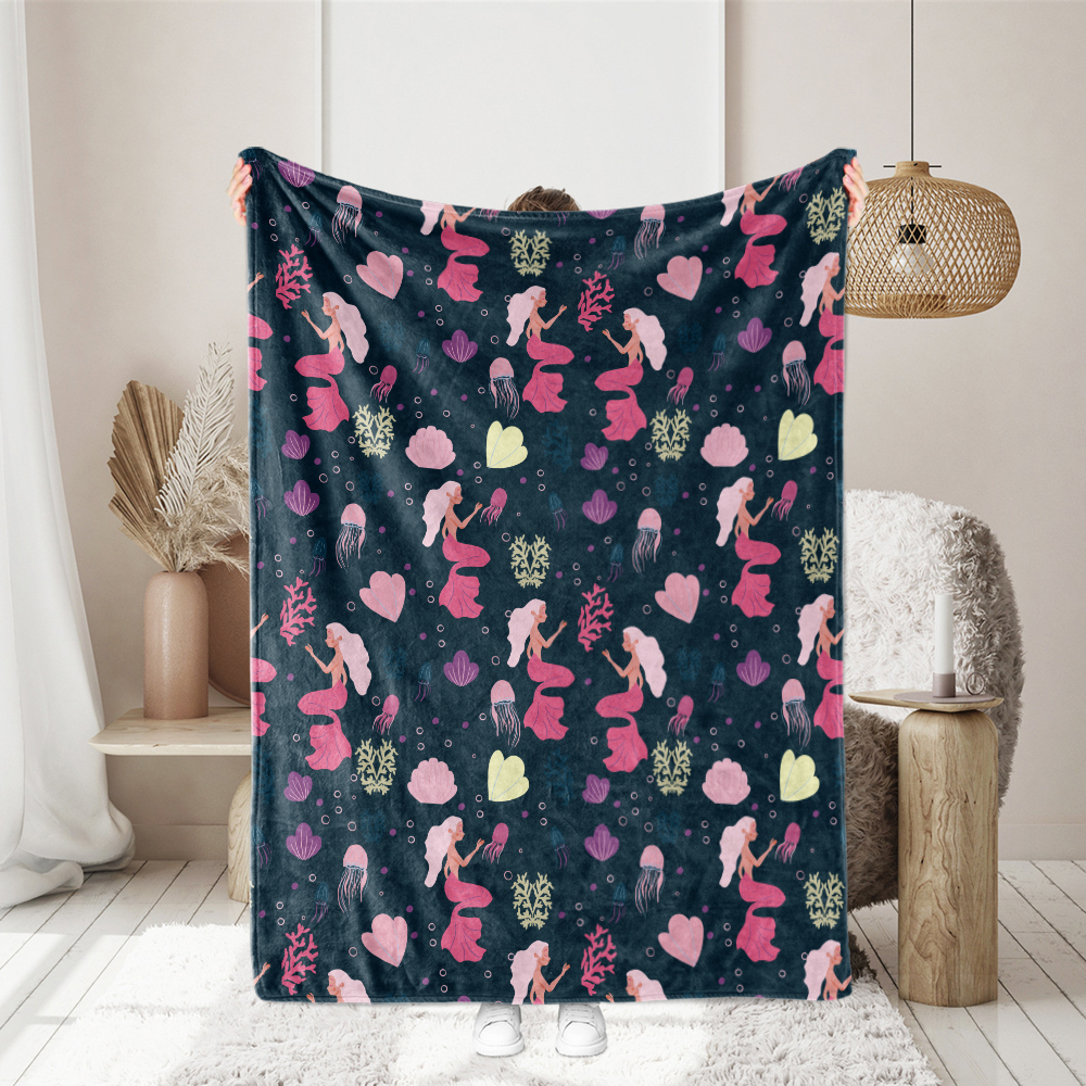 Throw Blanket – Underwater Cute Mermaid With Colorful Hair