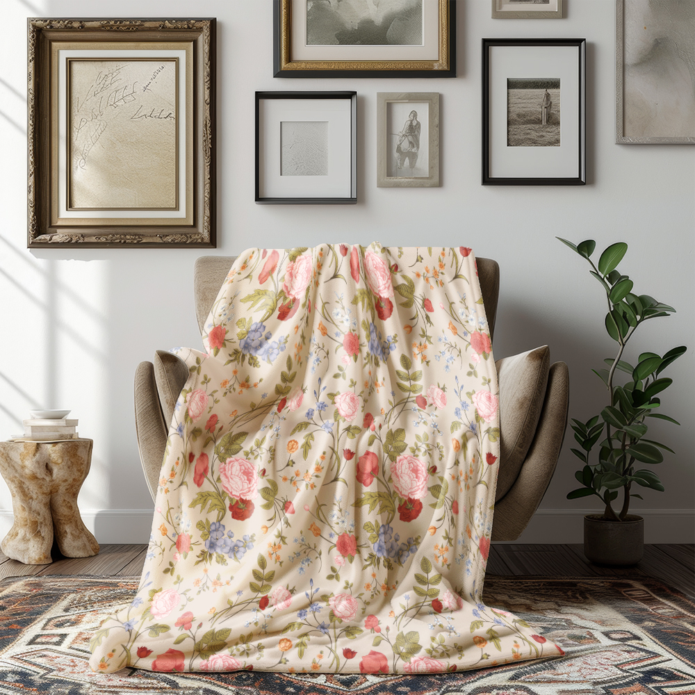 Throw Blanket – Vintage Rose Tulip Garden Flowers