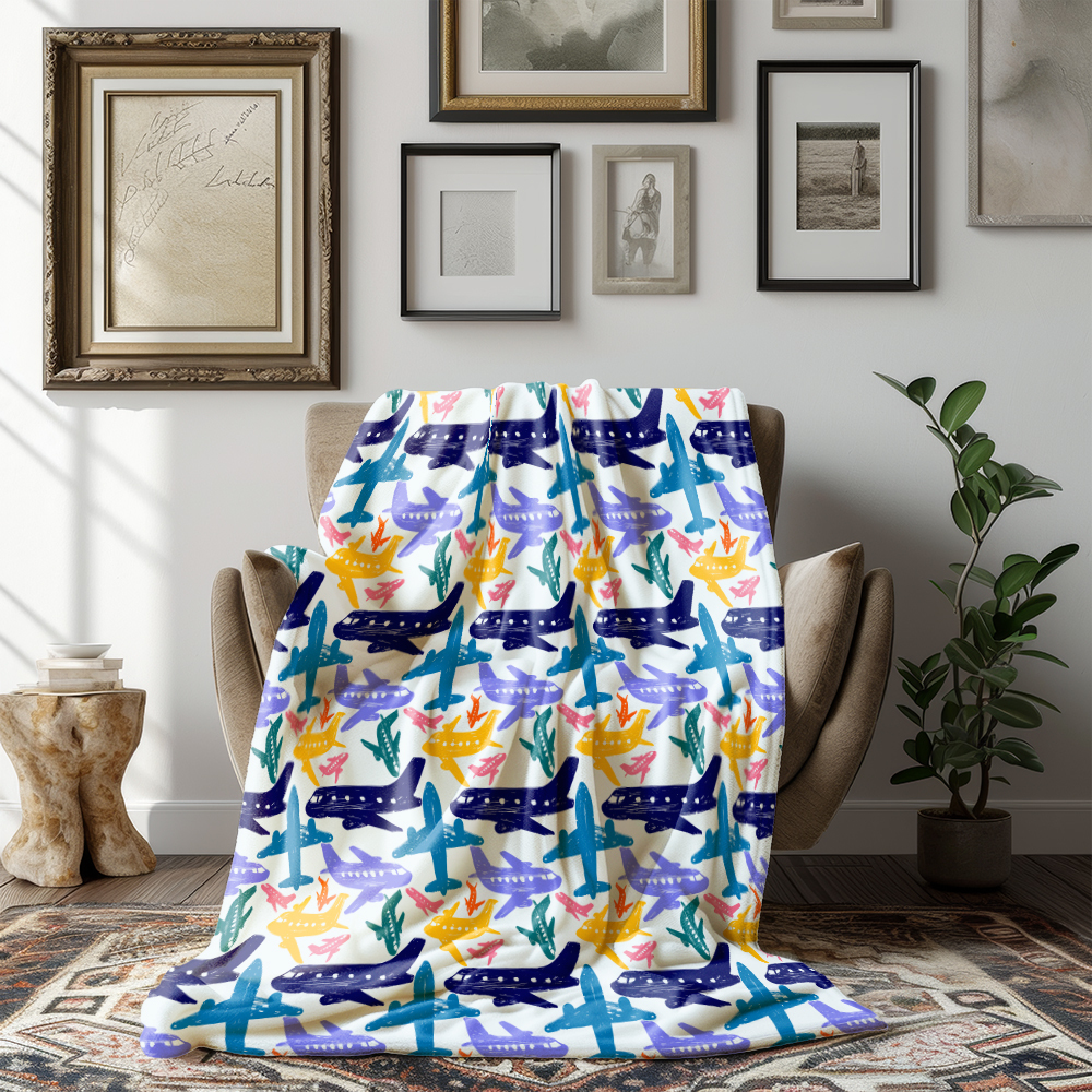 Throw Blanket – Hand Drawn Colorful Funny Airplanes