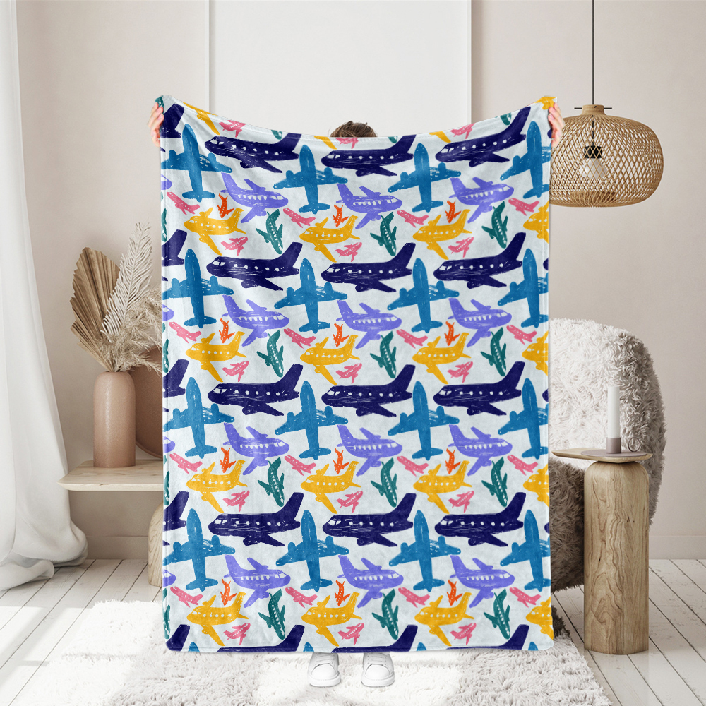 Throw Blanket – Hand Drawn Colorful Funny Airplanes