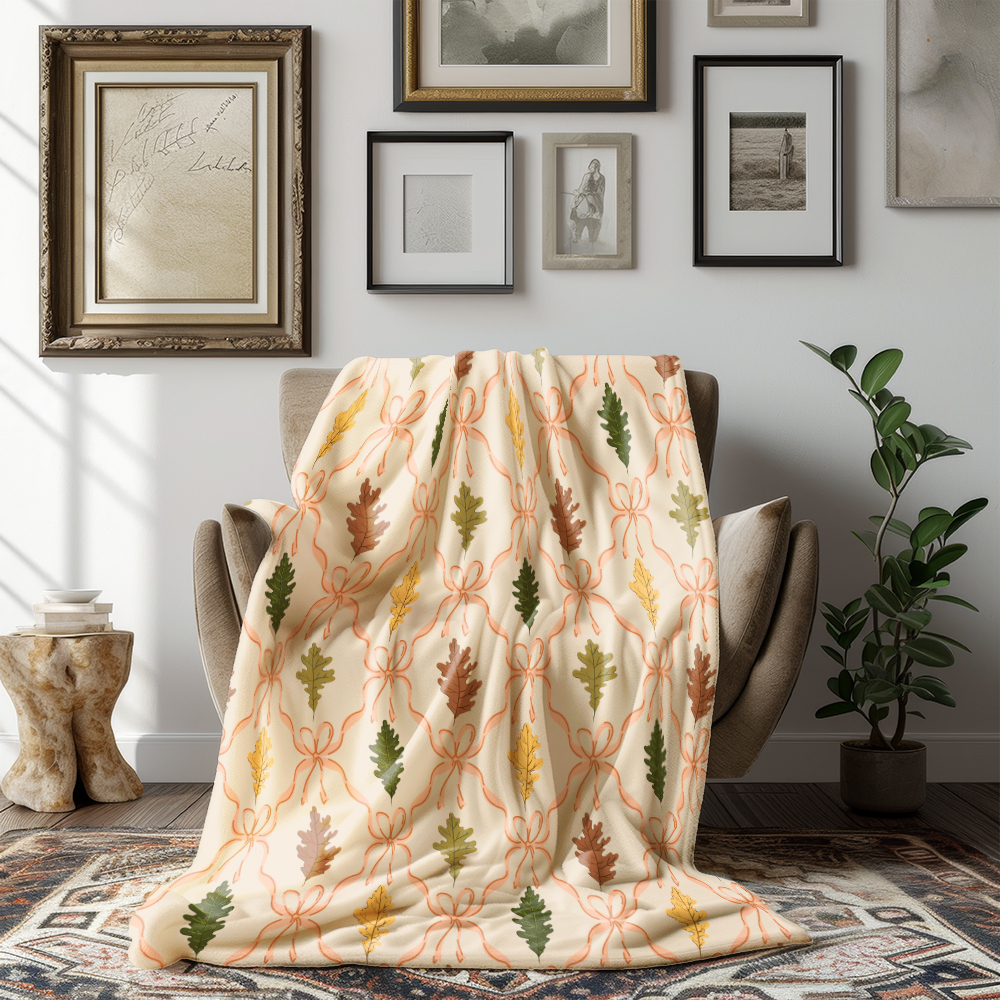 Throw Blanket – Autumn Oak Leaves & Coquette Bow
