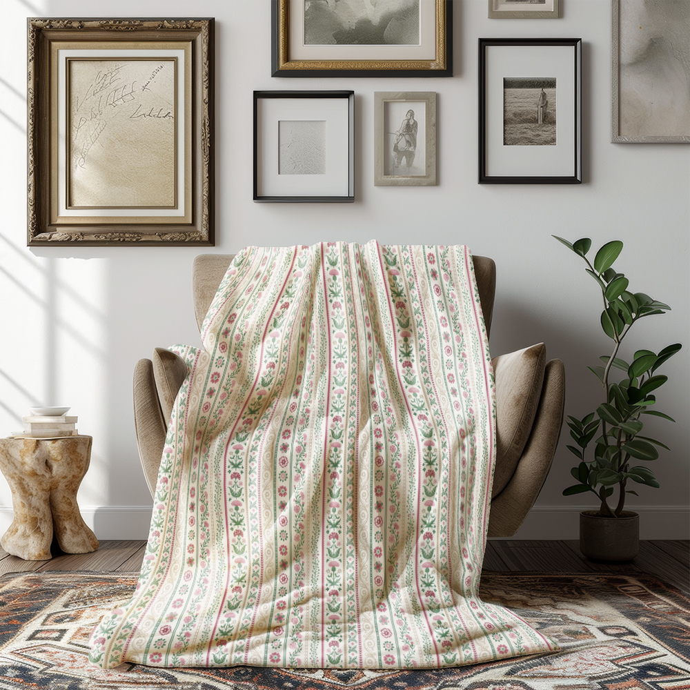 Throw Blanket – Pink Green Meadow Floral Stripe Print