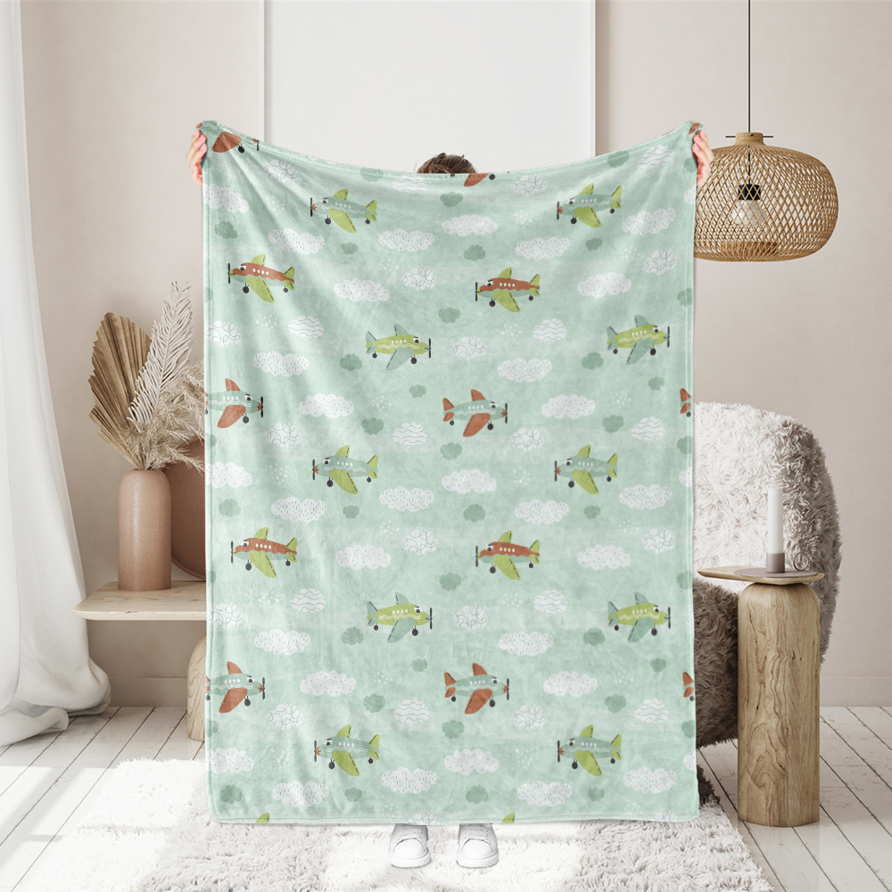 Throw Blanket – Cute Cartoon Airplanes & Clouds Pattern