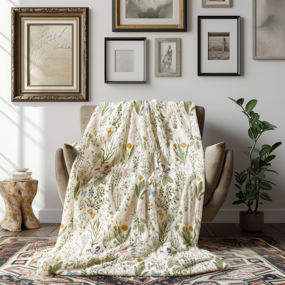 Throw Blanket – Herbal Wildflower Butterfly Garden Botanical
