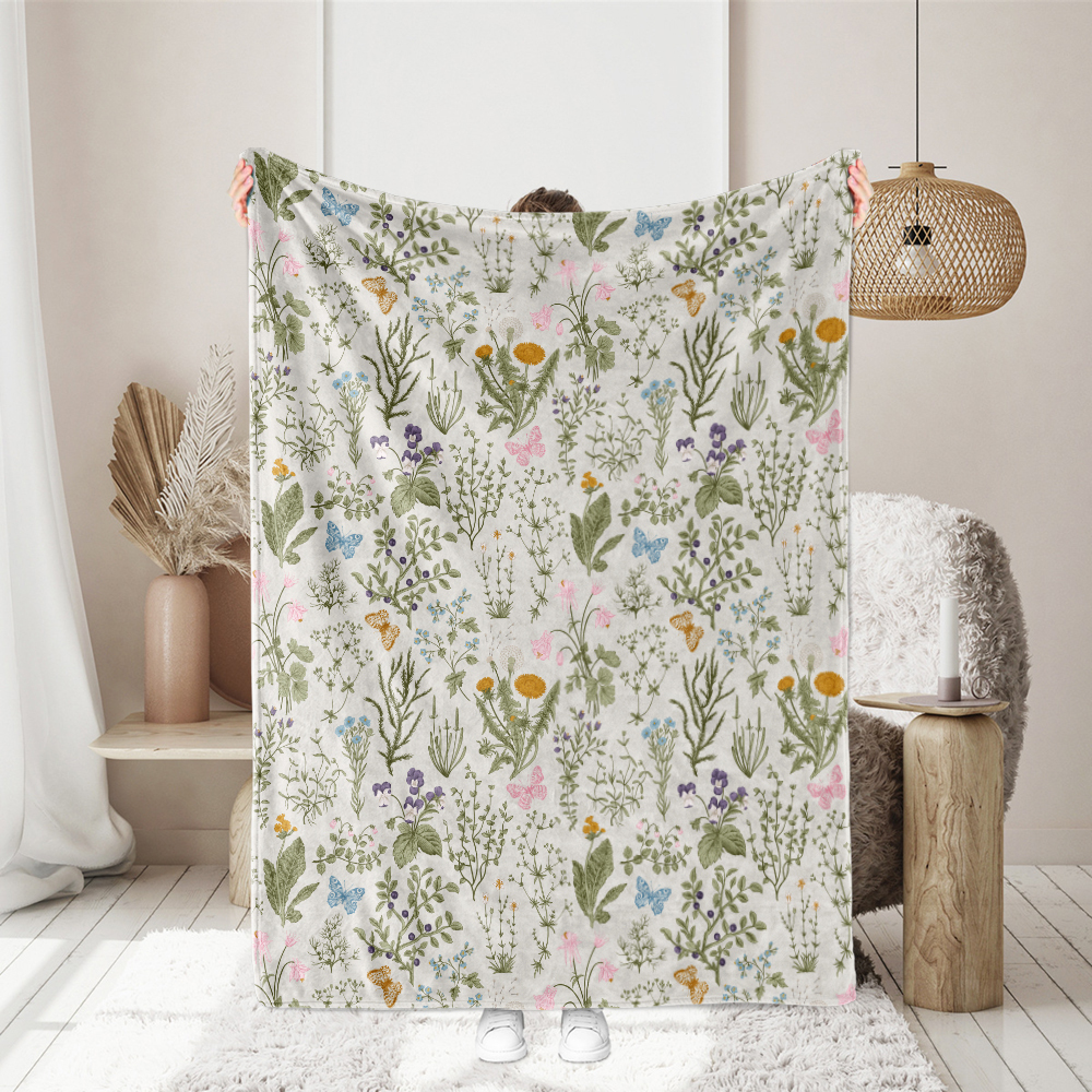 Throw Blanket – Herbal Wildflower Butterfly Garden Botanical