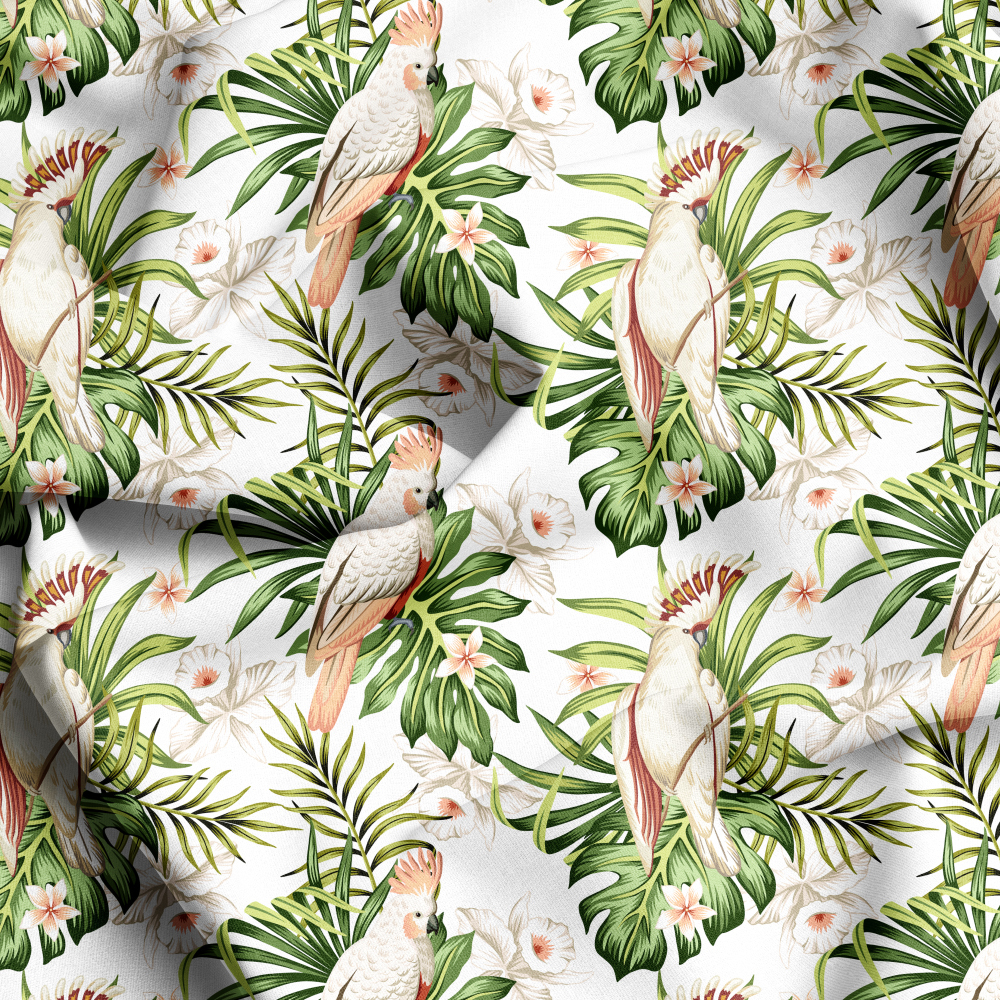 Tropical Vintage Palm Leaves Flower Pink Cockatoo Parrot Seamless Pattern Printing,Custom Fabric Services