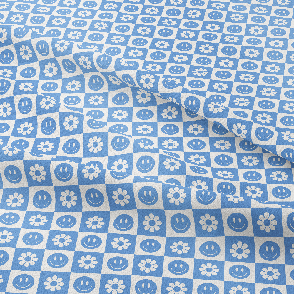 Groovy Blue Smiley Seamless Pattern Fabric - Custom Print Fabrics