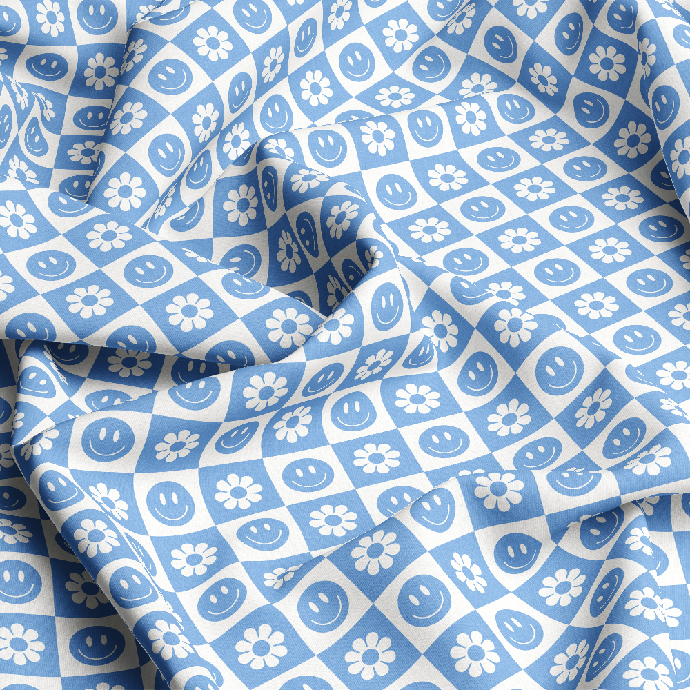 Groovy Blue Smiley Seamless Pattern Fabric - Custom Print Fabrics
