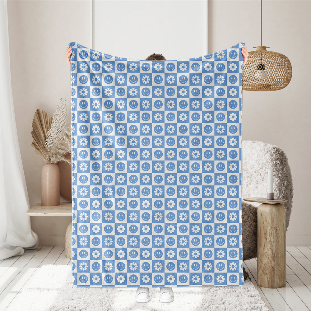 Groovy Blue Smiley Seamless Pattern Fabric - Custom Print Fabrics