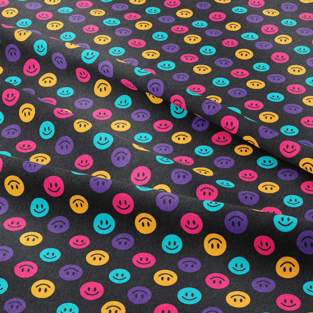 Fabric with Seamless Colorful Cute Smiling Faces And Black Background - Custom Print Fabrics