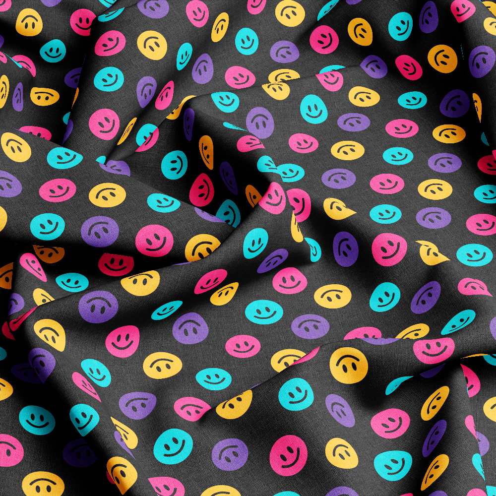 Fabric with Seamless Colorful Cute Smiling Faces And Black Background - Custom Print Fabrics