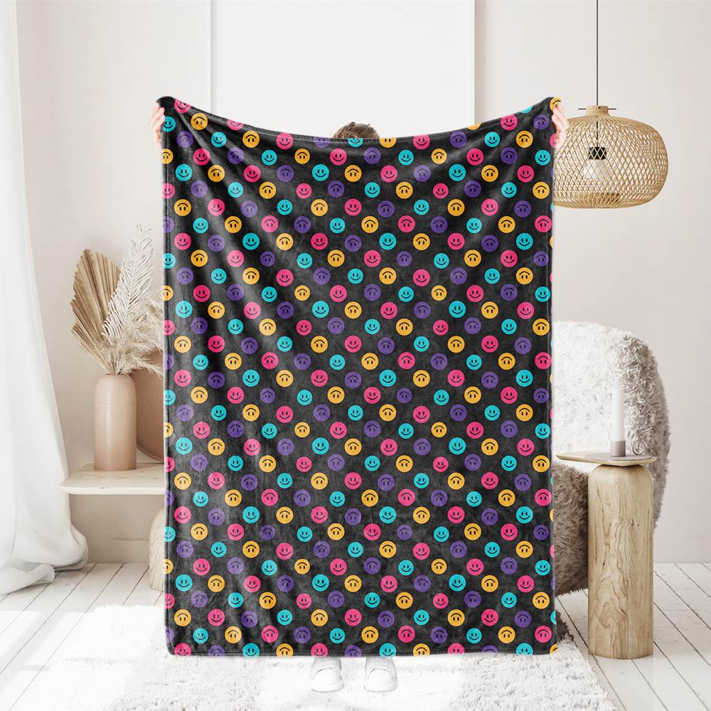 Fabric with Seamless Colorful Cute Smiling Faces And Black Background - Custom Print Fabrics