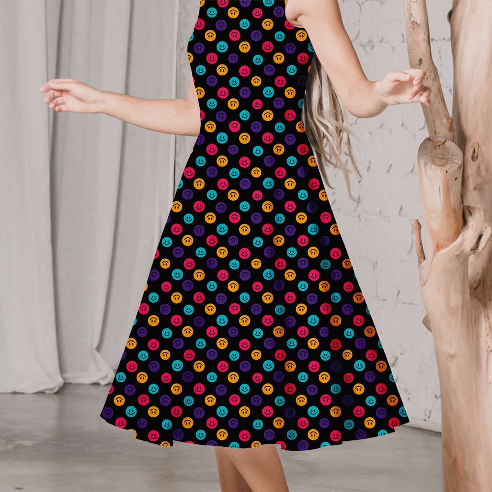 Fabric with Seamless Colorful Cute Smiling Faces And Black Background - Custom Print Fabrics
