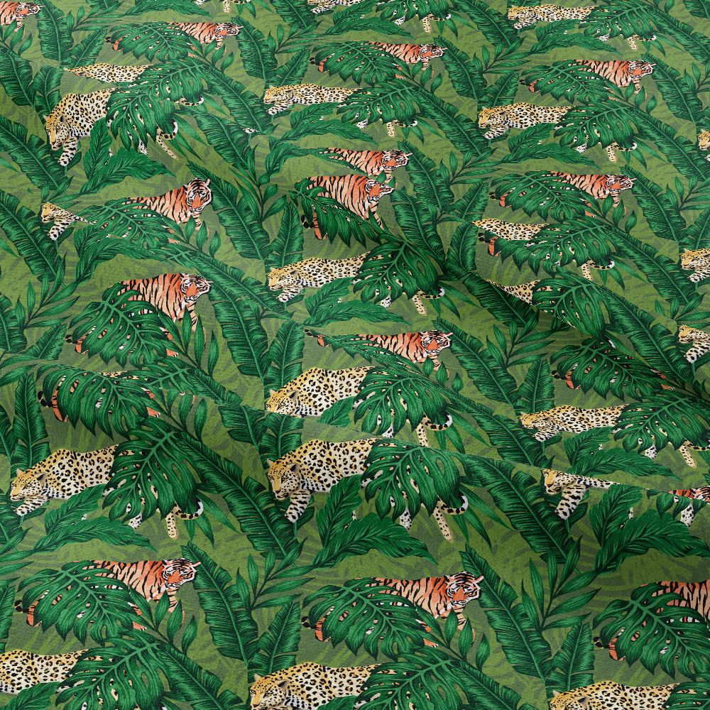 Tropical Leaves with Tigers & Leopards | Seamless Custom Fabric Printing