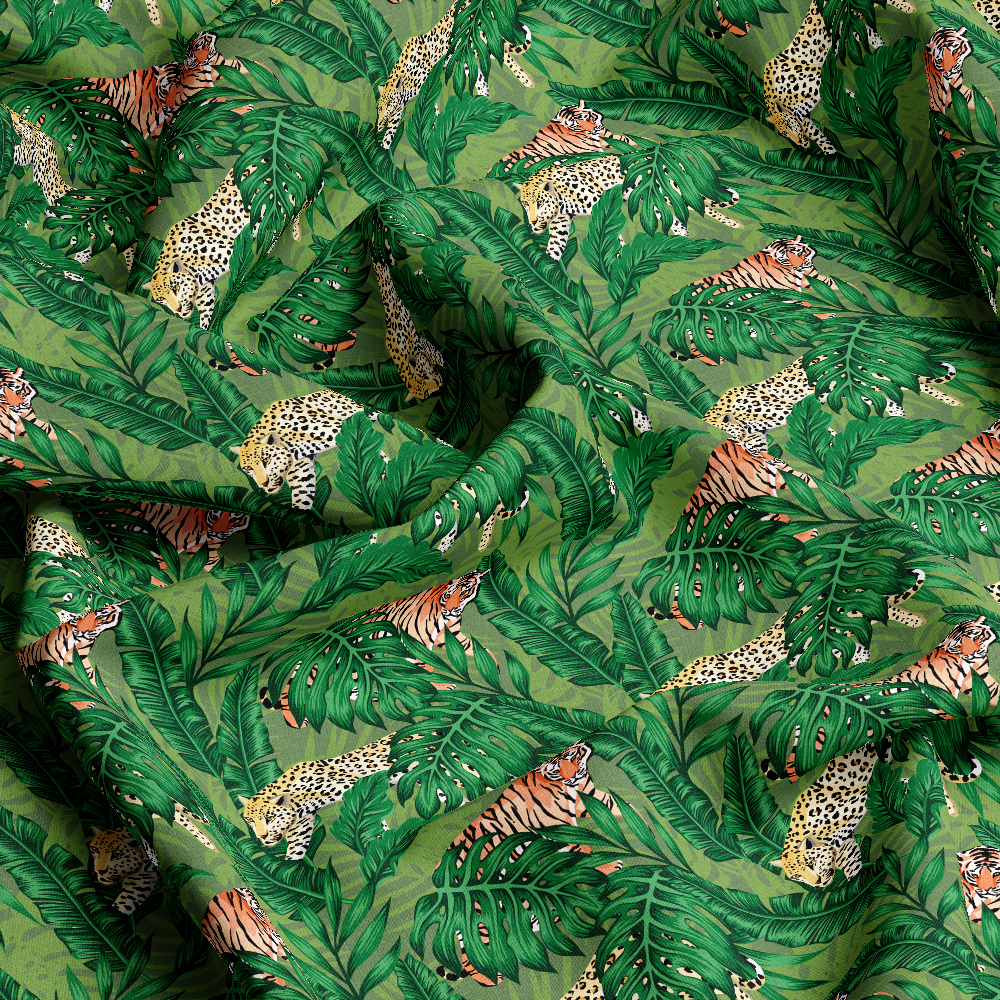 Tropical Leaves with Tigers & Leopards | Seamless Custom Fabric Printing