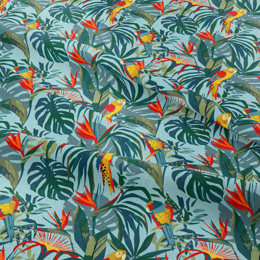 Abstract Art Seamless Pattern with Parrots and Tropical Plants - Bespoke Fabric Printing
