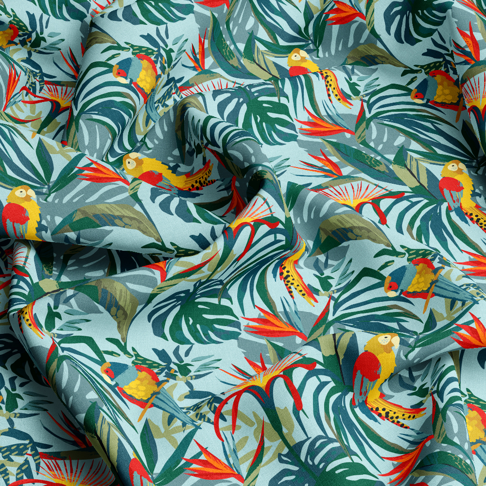 Abstract Art Seamless Pattern with Parrots and Tropical Plants - Bespoke Fabric Printing