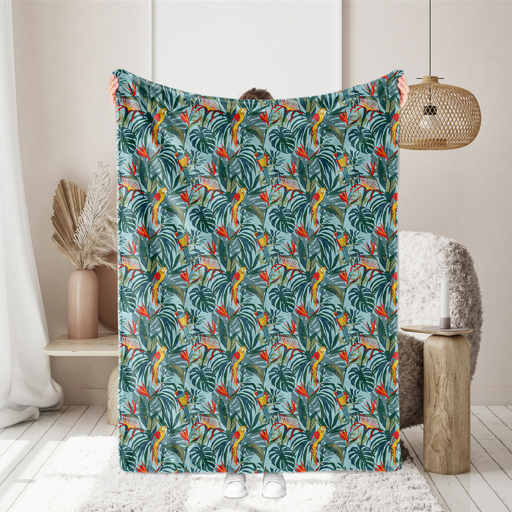Abstract Art Seamless Pattern with Parrots and Tropical Plants - Bespoke Fabric Printing