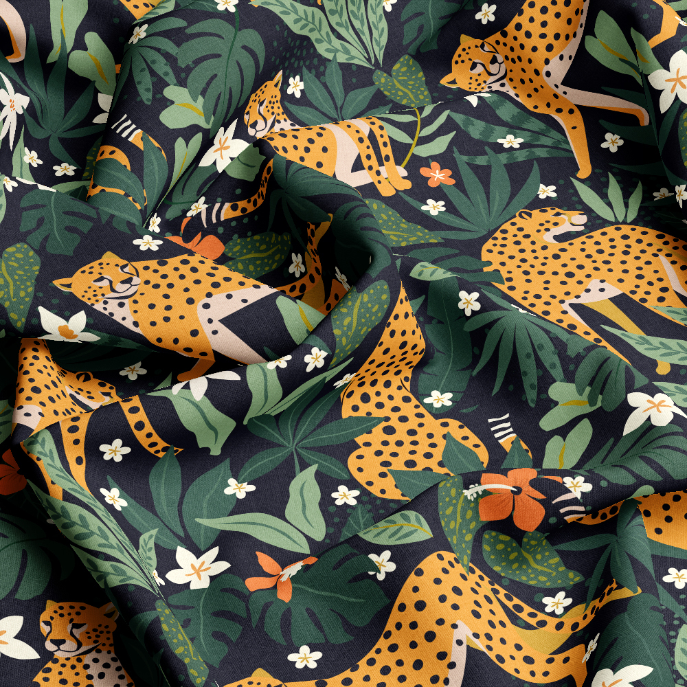 Leopards - Flowers - and Tropical Leaves Fabric | Custom Fabric Solution