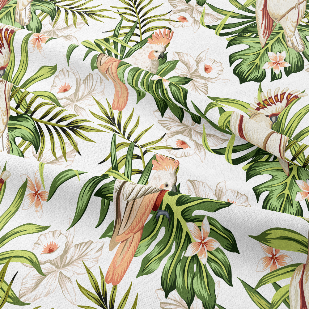 Tropical Vintage Palm Leaves Flower Pink Cockatoo Parrot Seamless Pattern Printing - Custom Fabric Services