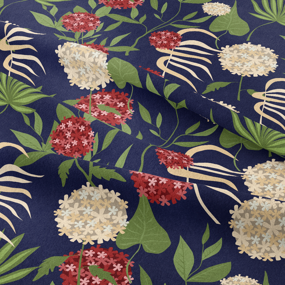 Vintage Liberty Floral Fabric with Modern Botanical Floral Green Leaves & Spherical Flowers – Custom Print Fabrics