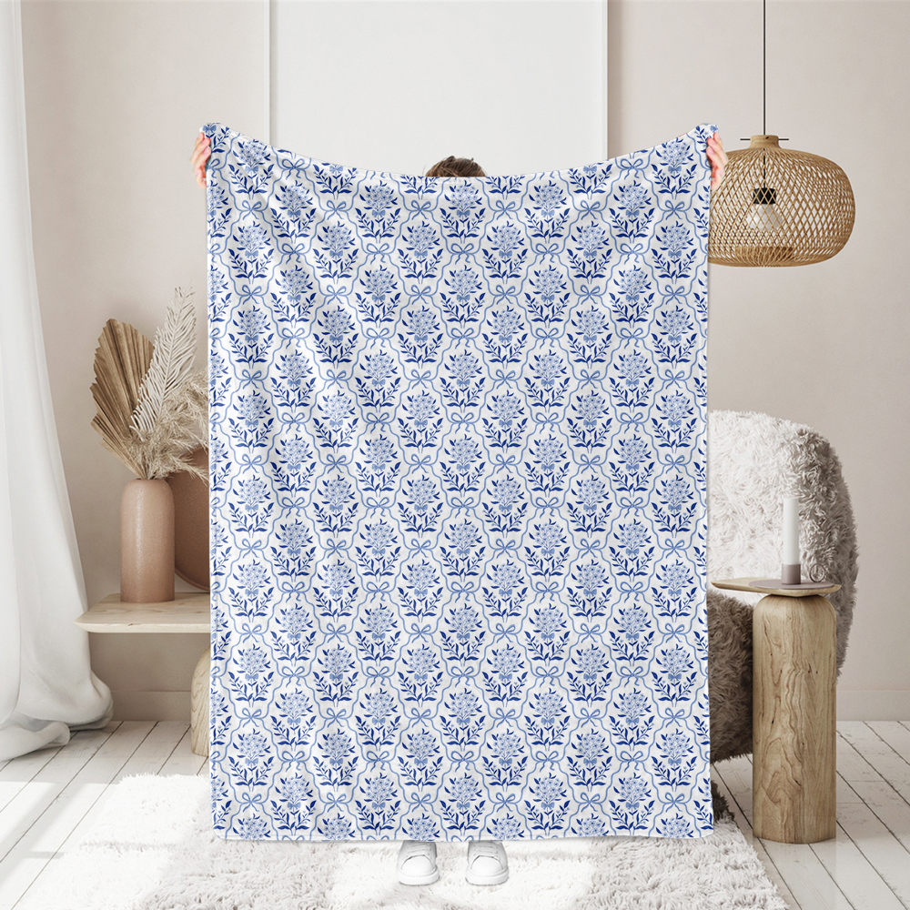 Vintage Seamless Liberty Style Floral Print Botanical Classic Blue Bow and Flowers Fabric Printing-Custom Printed Fabric