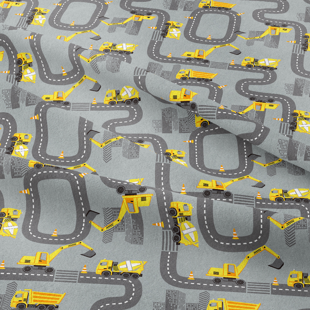 Seamless Print Pattern with Road - Concrete Mixer -  Excavator-Dump Truck - Custom Fabric Printing at Prinstitch