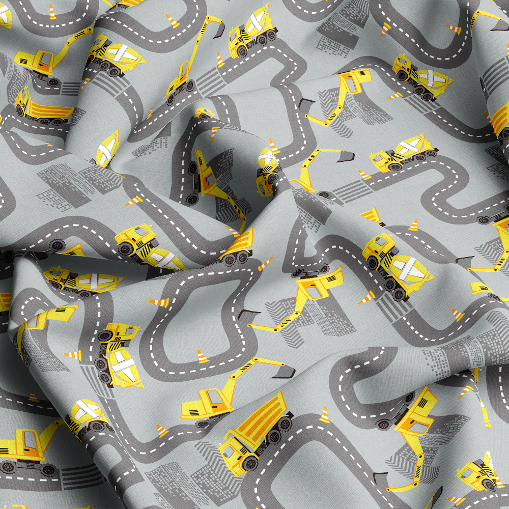 Seamless Print Pattern with Road - Concrete Mixer -  Excavator-Dump Truck - Custom Fabric Printing at Prinstitch