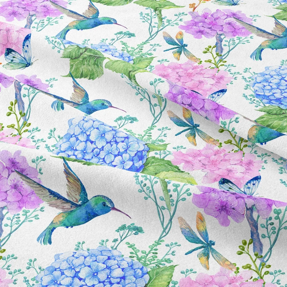 Vibrant Hydrangea Flowers and Hummingbird Print Fabric - Tailored Seamless Designs for Fabric Use