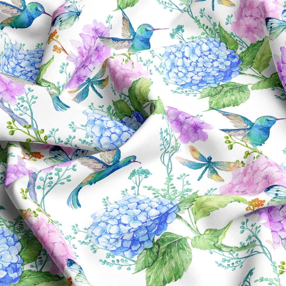 Vibrant Hydrangea Flowers and Hummingbird Print Fabric - Tailored Seamless Designs for Fabric Use