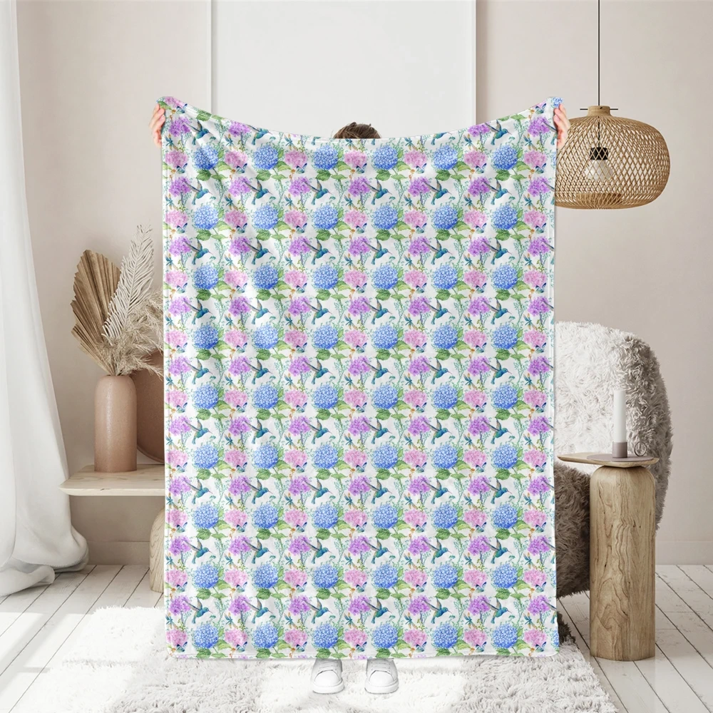 Vibrant Hydrangea Flowers and Hummingbird Print Fabric - Tailored Seamless Designs for Fabric Use
