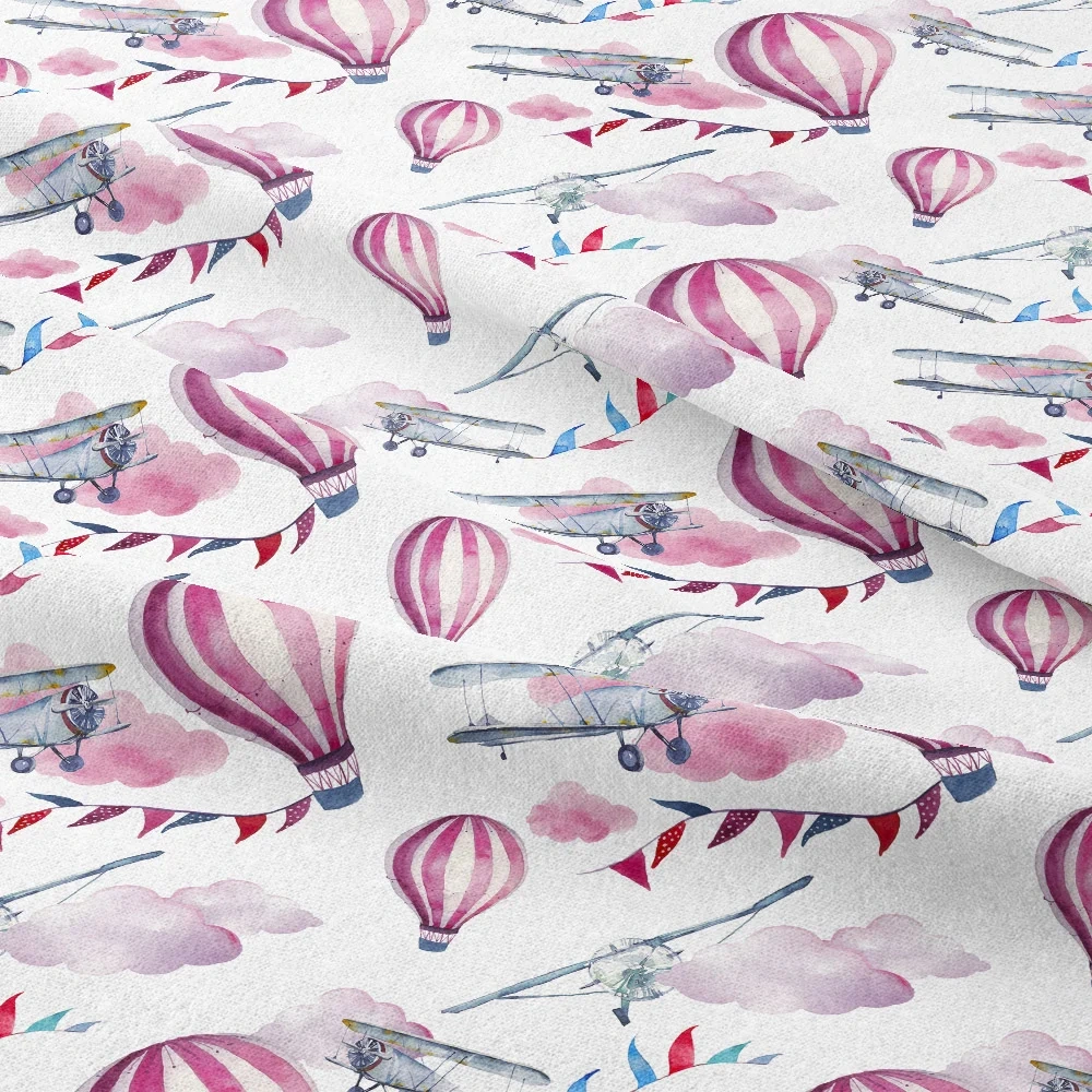 Custom Cartoon - Style Fabrics with Airplane Hot Air Balloon and Cloud - Vibrant Seamless Prints for Every Project