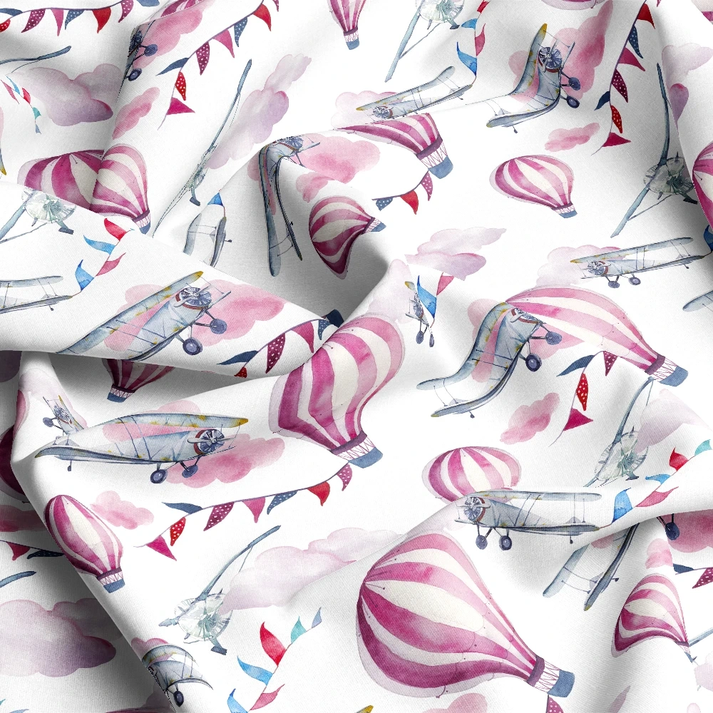 Custom Cartoon - Style Fabrics with Airplane Hot Air Balloon and Cloud - Vibrant Seamless Prints for Every Project