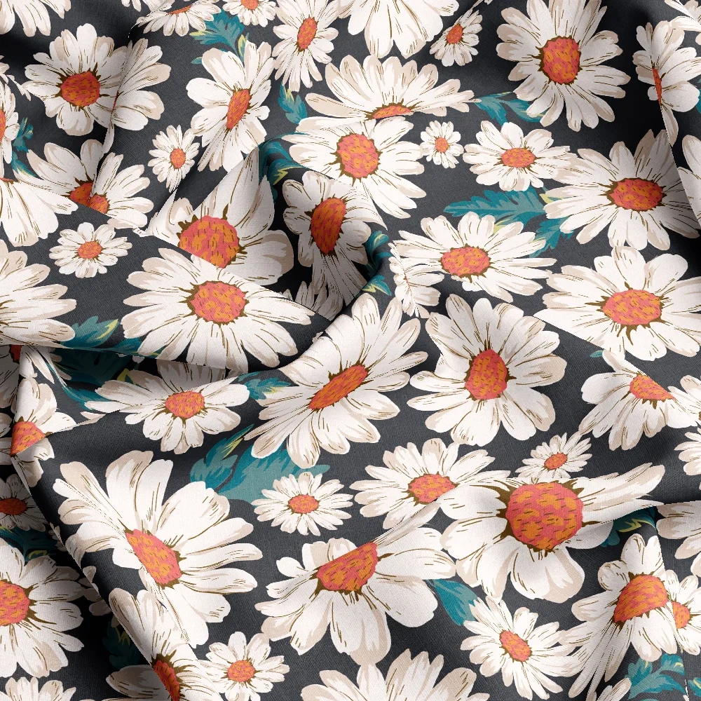 Serenity Vintage Black Daisy Liberty Floral Print – Custom Printed Fabric