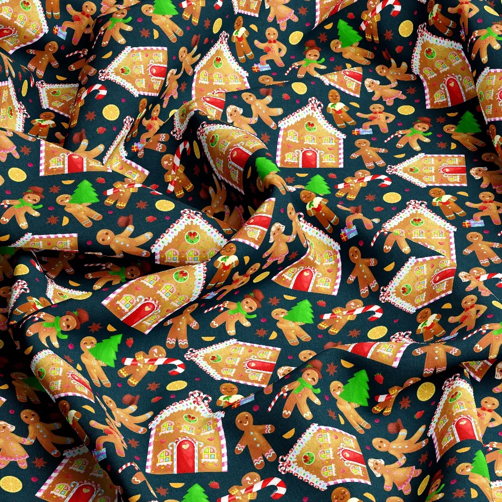Cartoon Print Fabrics with Christmas Gingerbread House Man - Custom Repeat Designs for Every Application
