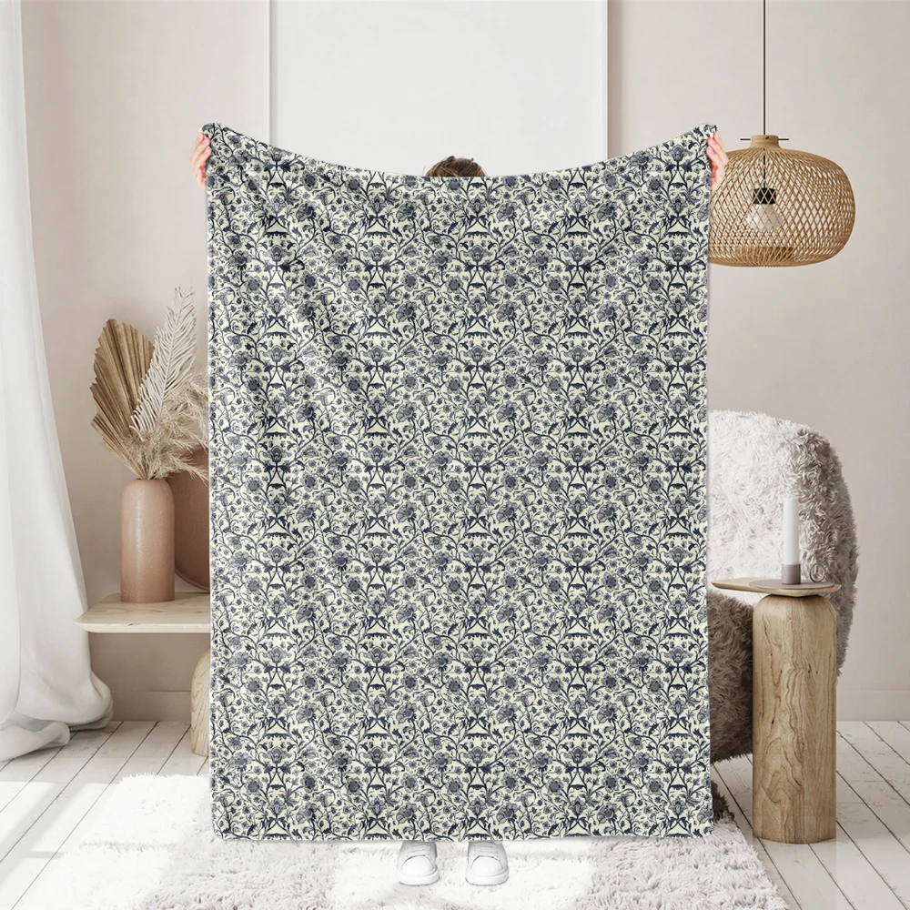 William Morris-Inspired Abstract Vintage Monochrome Flowers and Leaves Pattern Fabric – Custom Print Fabrics
