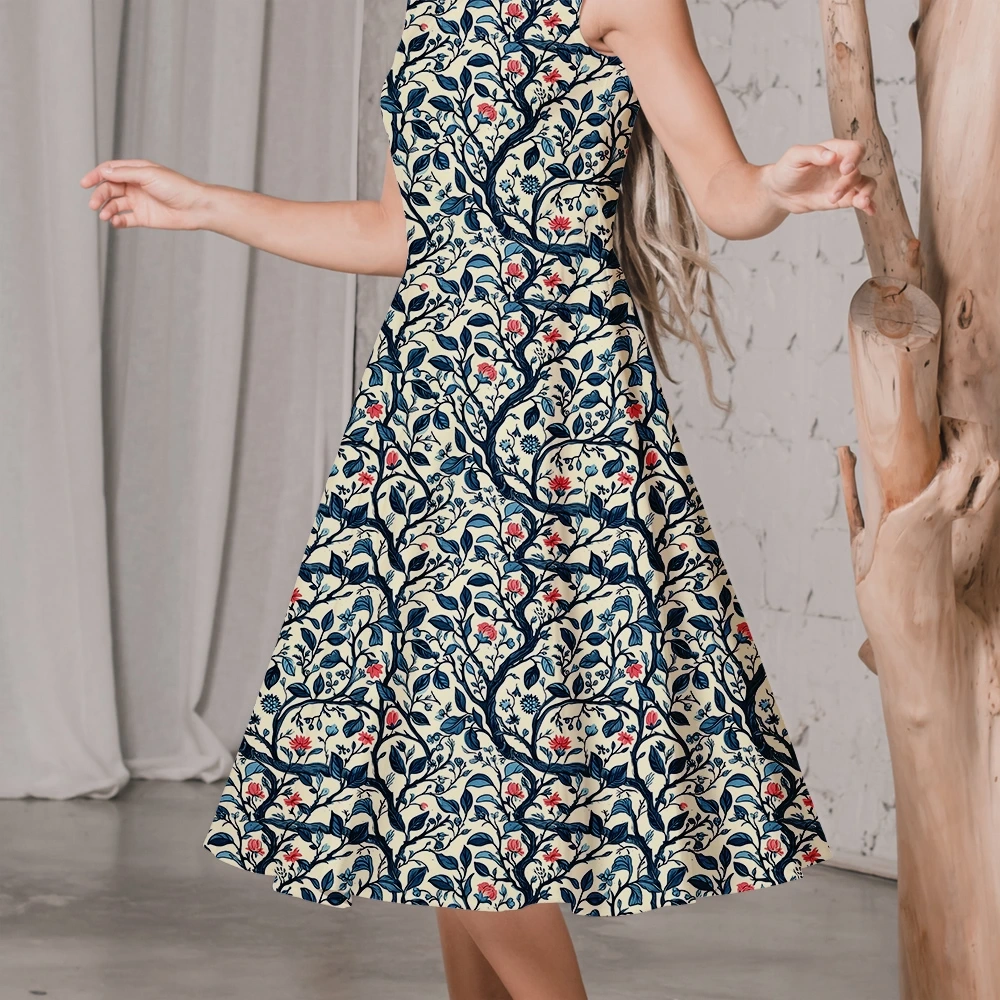 William Morris-Inspired Curved Tree Branch with Fantastic Liberty Flower and Leaves – Custom Print Fabrics
