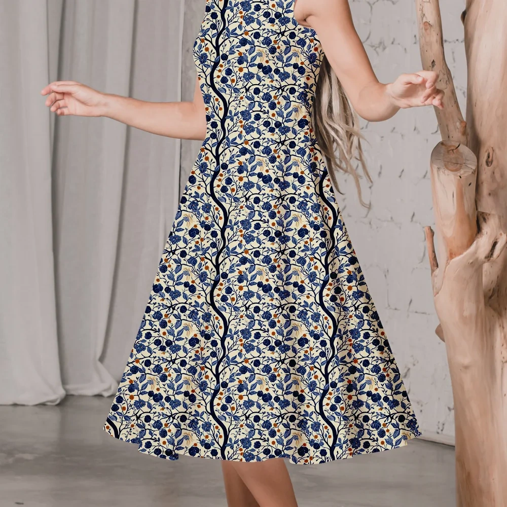William Morris-Inspired Curved Tree Branch with Fantastic Liberty Flower and Leaves – Custom Print Fabrics