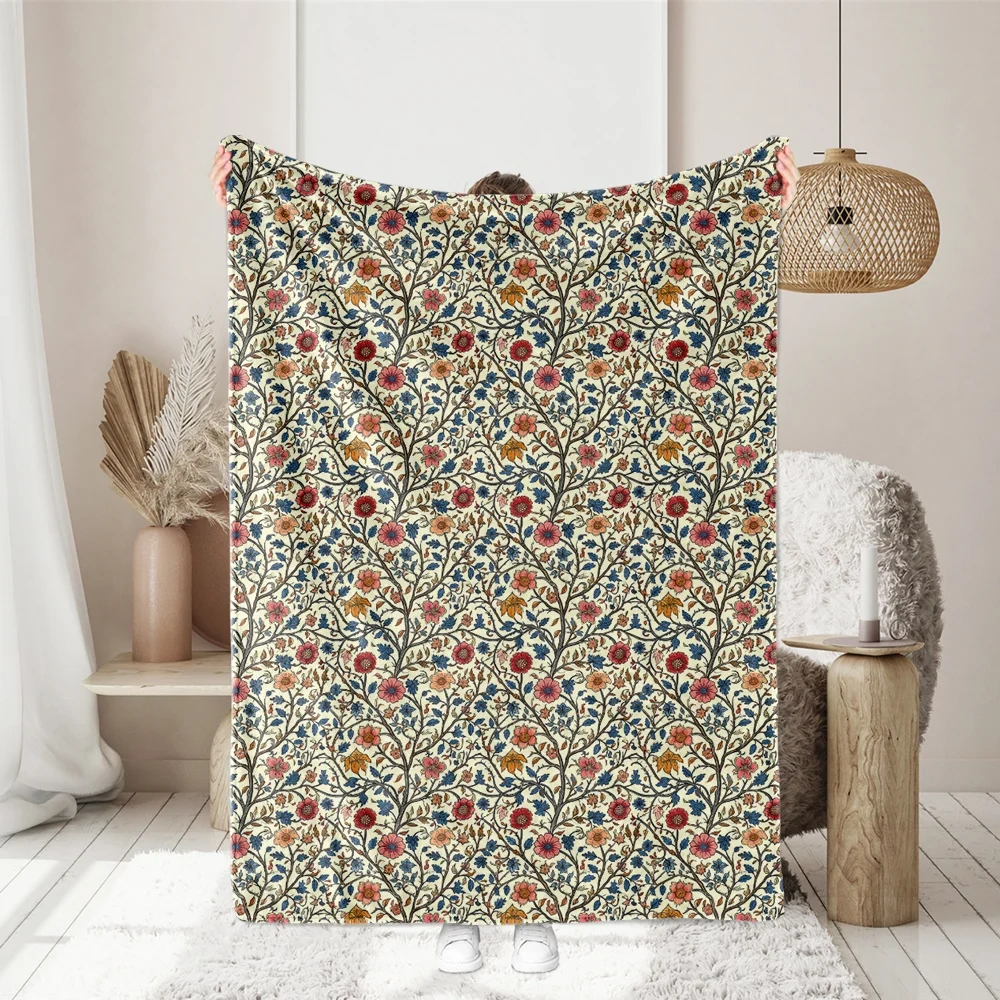 William Morris-Inspired Vibrant Liberty Floral with Colorful Blossoms and Blue Leaves Fabric – Custom Print Fabrics