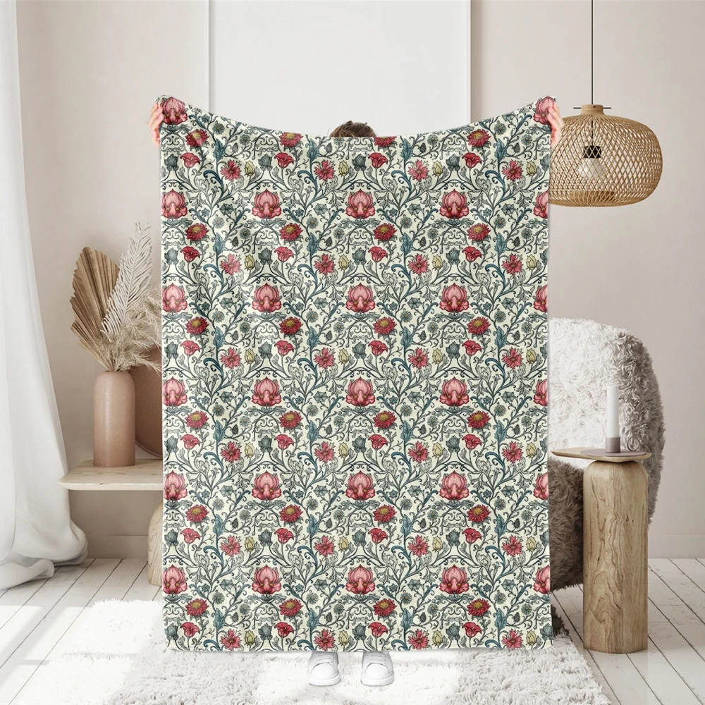 William Morris-Inspired Red Floral and Leaves Pattern Fabric – Custom Print Fabrics