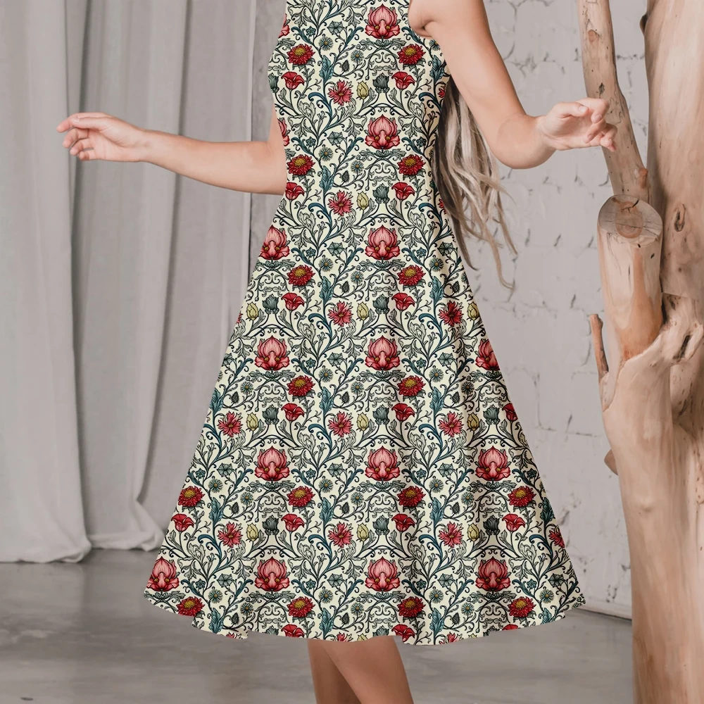 William Morris-Inspired Red Floral and Leaves Pattern Fabric – Custom Print Fabrics